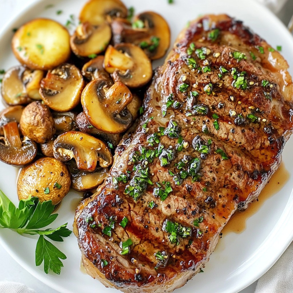 Juicy Herb-Crusted Steak with Garlic Mushrooms Delight