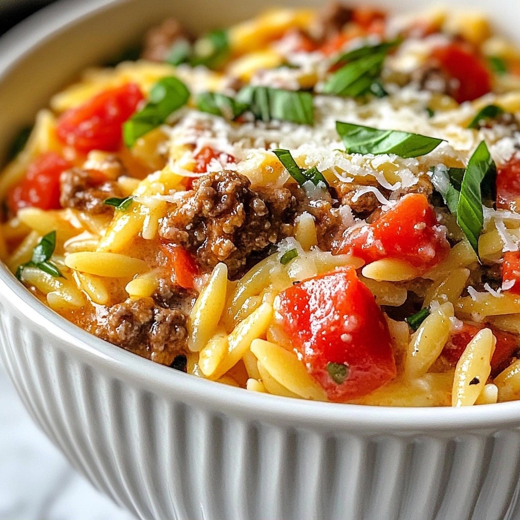 Creamy Ground Beef Tomato Basil Orzo Delight