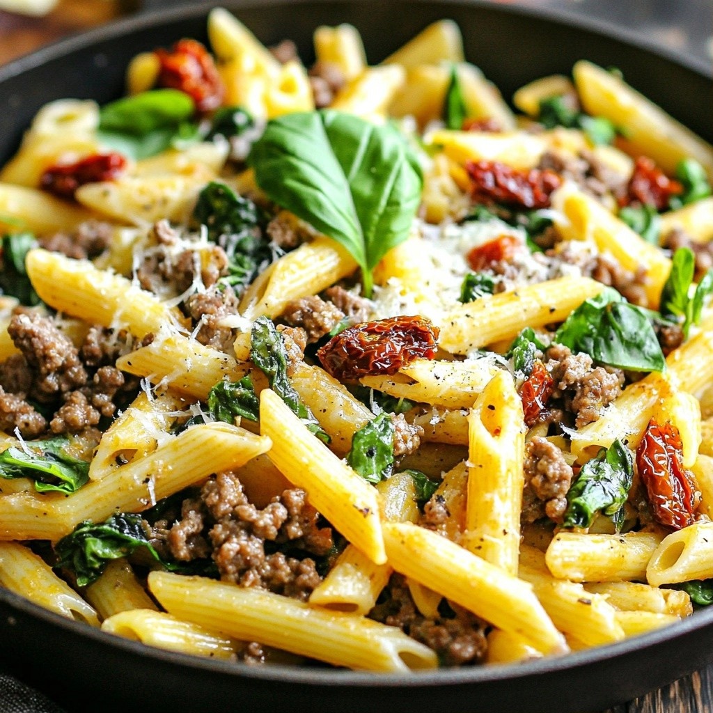 Sundried Tomato Ground Beef Pasta Skillet Delight